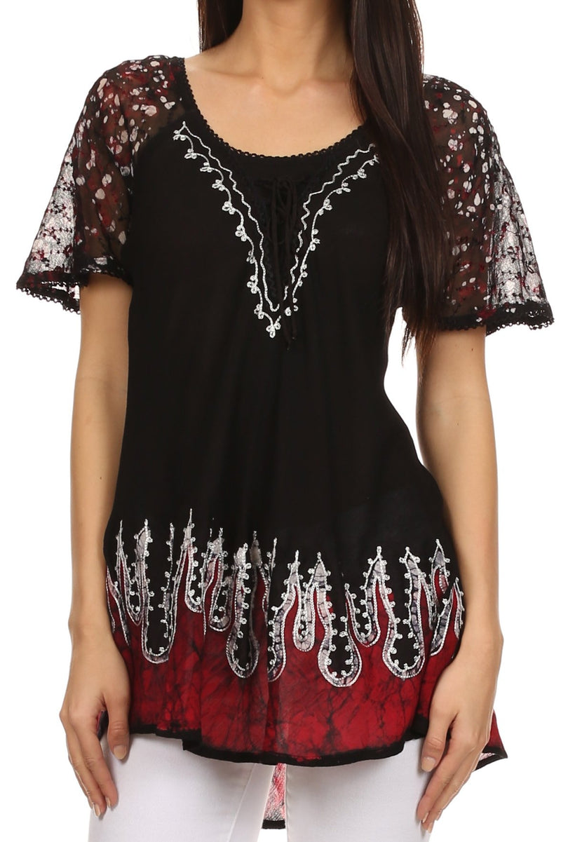 Sakkas Cora Relaxed Fit Batik Design Embroidery Cap Sleeves Blouse / Top