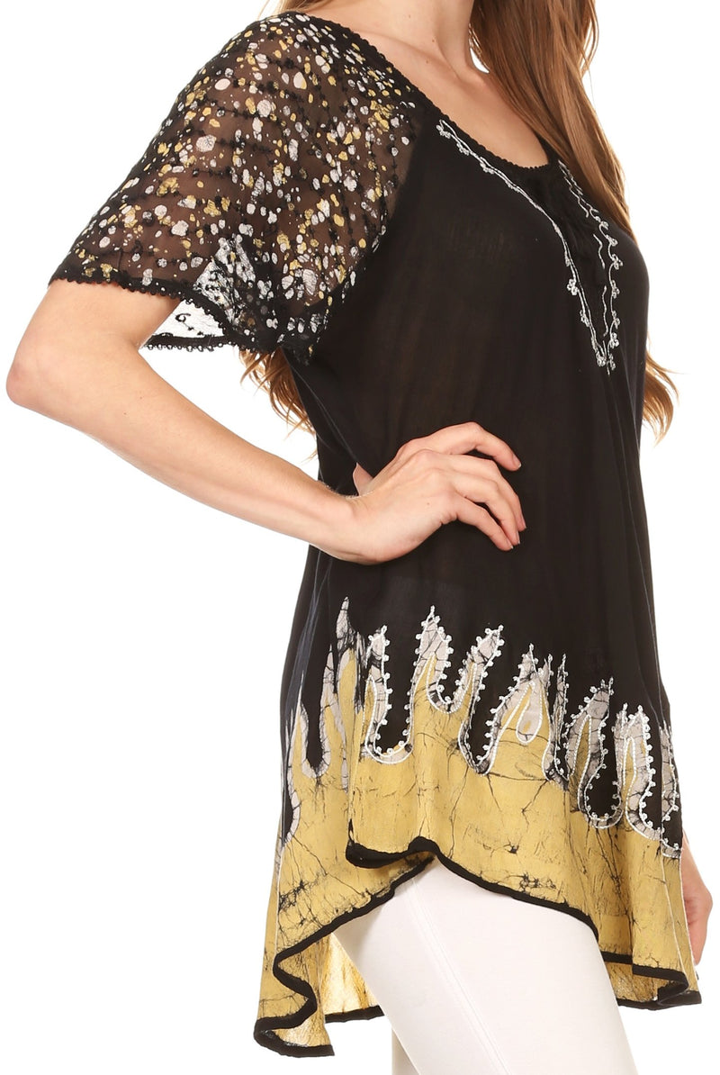 Sakkas Cora Relaxed Fit Batik Design Embroidery Cap Sleeves Blouse / Top