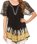 Sakkas Cora Relaxed Fit Batik Design Embroidery Cap Sleeves Blouse / Top#color_Black/Yellow