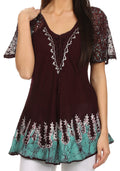 Sakkas Cora Relaxed Fit Batik Design Embroidery Cap Sleeves Blouse / Top#color_Burgundy
