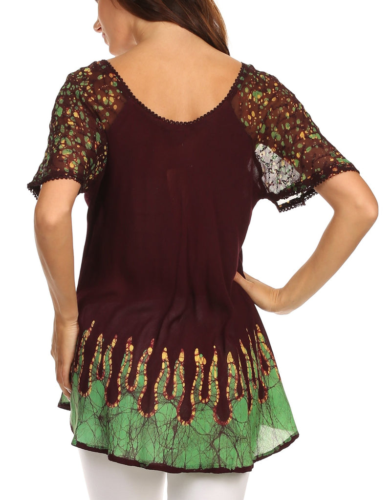 Sakkas Cora Relaxed Fit Batik Design Embroidery Cap Sleeves Blouse / Top