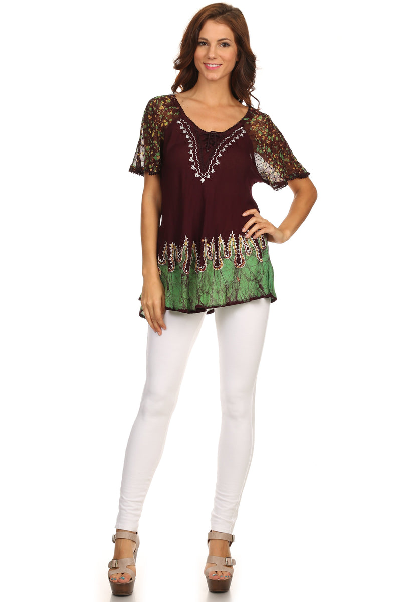 Sakkas Cora Relaxed Fit Batik Design Embroidery Cap Sleeves Blouse / Top