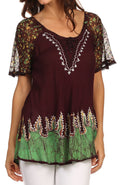 Sakkas Cora Relaxed Fit Batik Design Embroidery Cap Sleeves Blouse / Top#color_Chocolate/Green