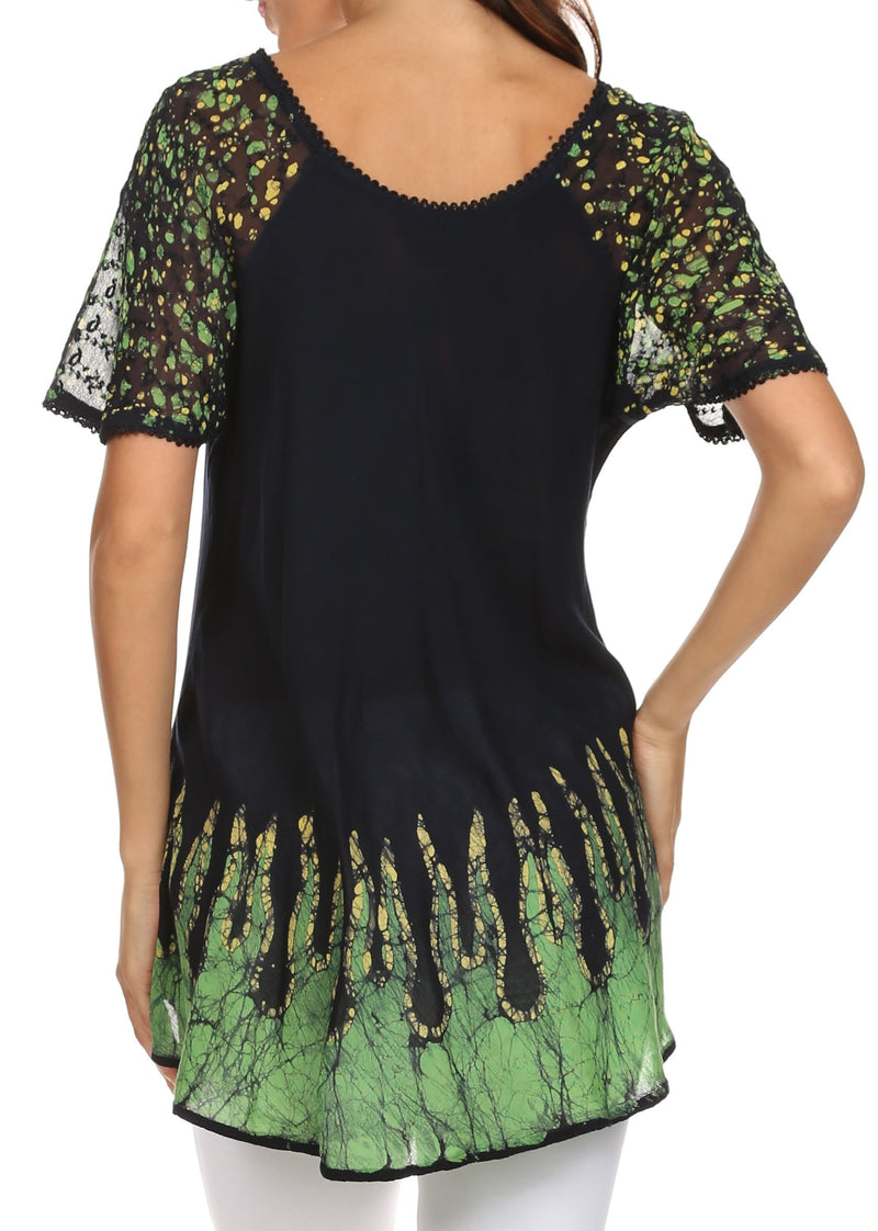 Sakkas Cora Relaxed Fit Batik Design Embroidery Cap Sleeves Blouse / Top