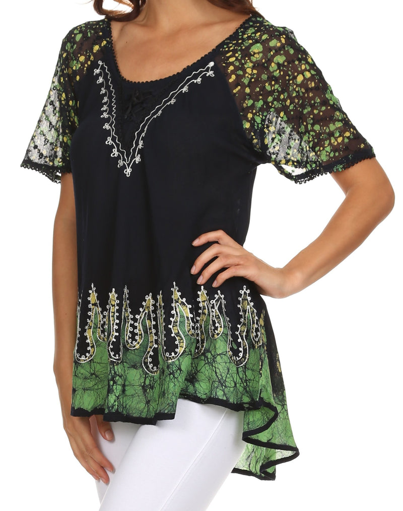 Sakkas Cora Relaxed Fit Batik Design Embroidery Cap Sleeves Blouse / Top