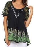 Sakkas Cora Relaxed Fit Batik Design Embroidery Cap Sleeves Blouse / Top#color_Navy/Green