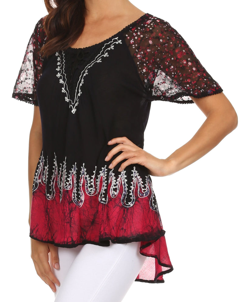 Sakkas Cora Relaxed Fit Batik Design Embroidery Cap Sleeves Blouse / Top