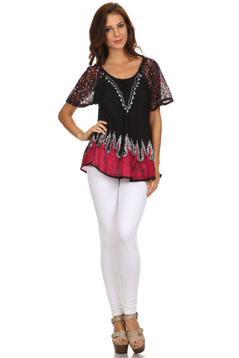 Sakkas Cora Relaxed Fit Batik Design Embroidery Cap Sleeves Blouse / Top
