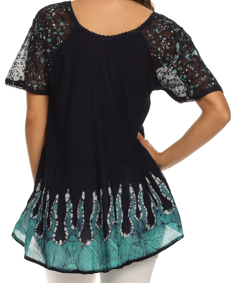 Sakkas Cora Relaxed Fit Batik Design Embroidery Cap Sleeves Blouse / Top