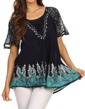 Sakkas Cora Relaxed Fit Batik Design Embroidery Cap Sleeves Blouse / Top#color_NavyTurquoise
