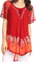 Sakkas Cora Relaxed Fit Batik Design Embroidery Cap Sleeves Blouse / Top#color_RedChili