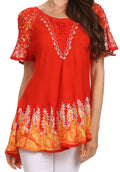Sakkas Cora Relaxed Fit Batik Design Embroidery Cap Sleeves Blouse / Top#color_SunsetOrange