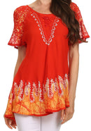 Sakkas Cora Relaxed Fit Batik Design Embroidery Cap Sleeves Blouse / Top