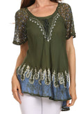 Sakkas Cora Relaxed Fit Batik Design Embroidery Cap Sleeves Blouse / Top#color_Teal