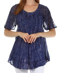 Sakkas Malvina Marbled Embroidery Cap Sleeves Blouse / Top#color_Navy