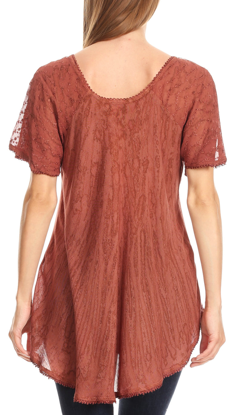 Sakkas Zoya Marbled Embroidery  Cap Sleeves Blouse / Top