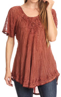 Sakkas Zoya Marbled Embroidery  Cap Sleeves Blouse / Top#color_Brown