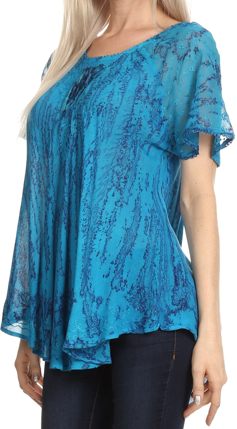 Sakkas Zoya Marbled Embroidery  Cap Sleeves Blouse / Top