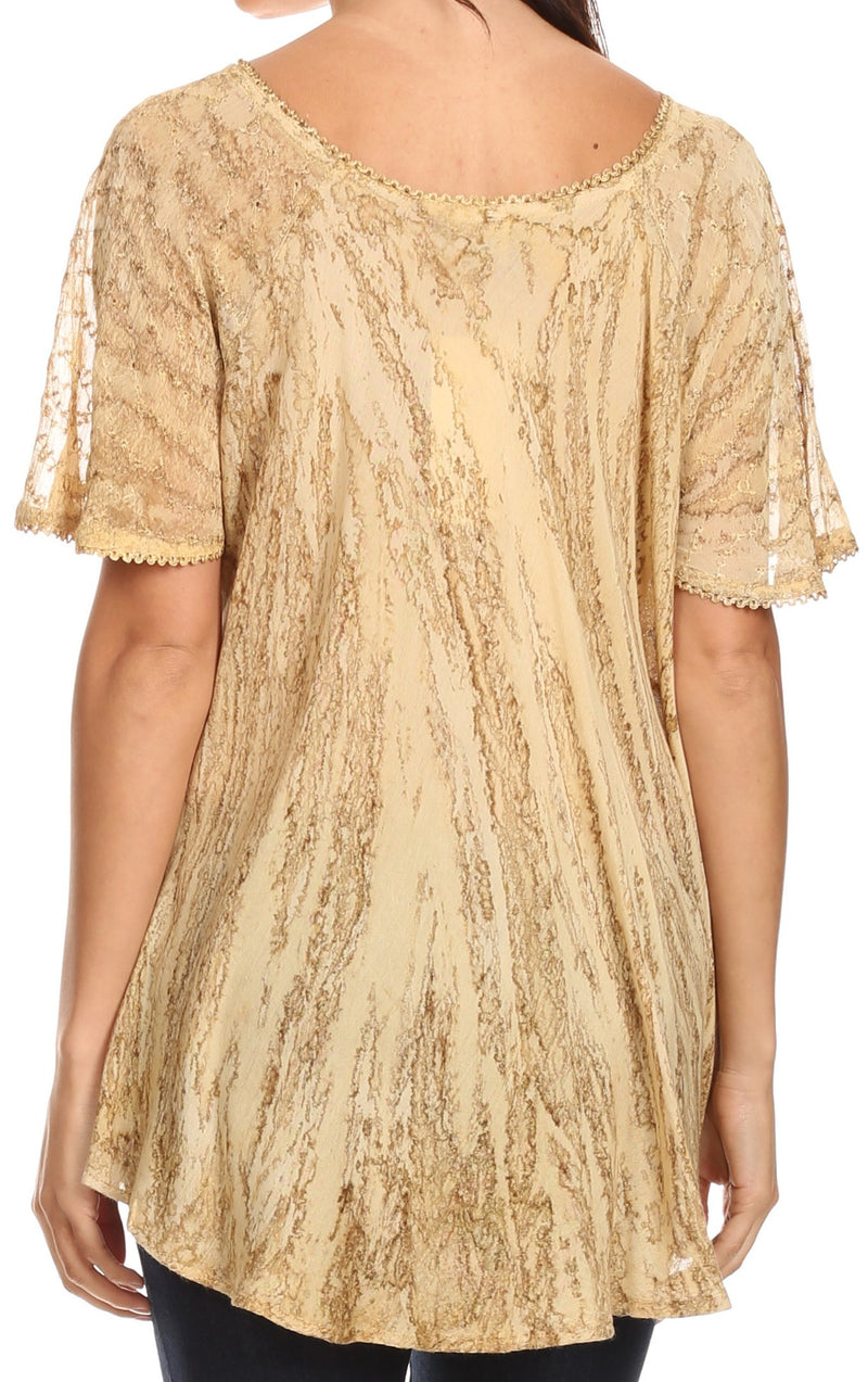 Sakkas Zoya Marbled Embroidery  Cap Sleeves Blouse / Top