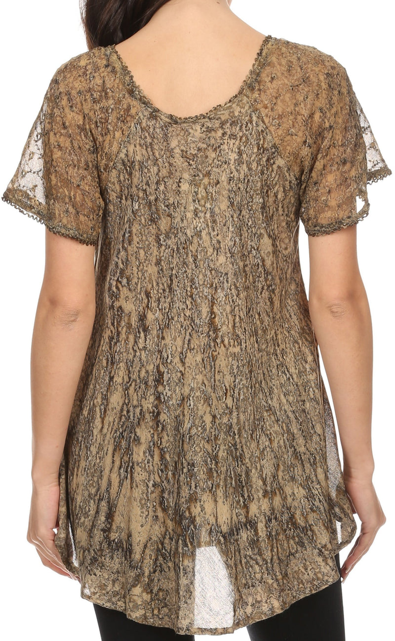 Sakkas Zoya Marbled Embroidery  Cap Sleeves Blouse / Top