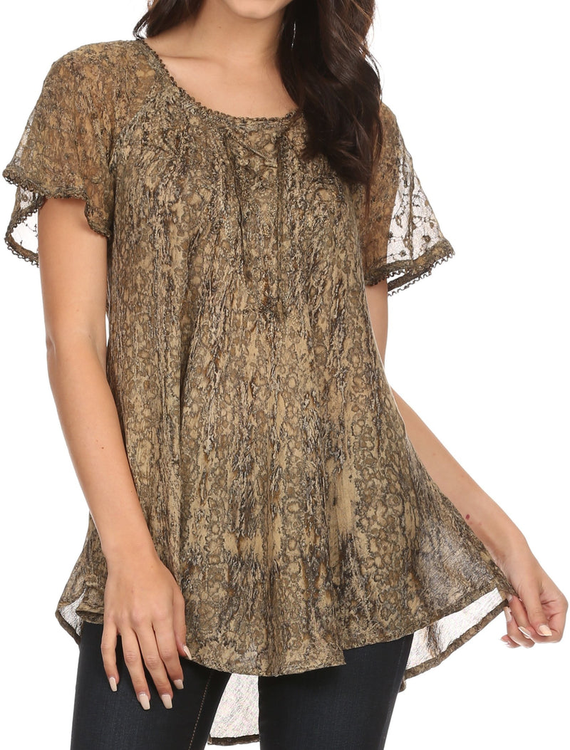 Sakkas Zoya Marbled Embroidery  Cap Sleeves Blouse / Top