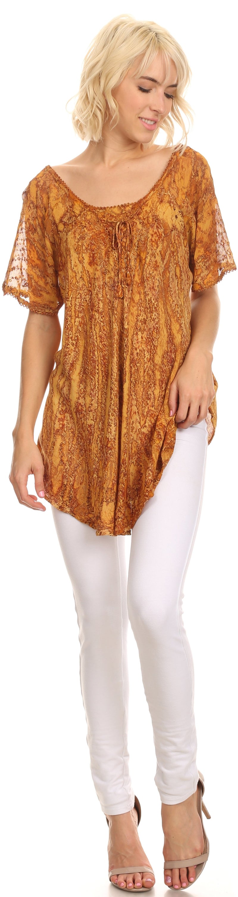 Sakkas Zoya Marbled Embroidery  Cap Sleeves Blouse / Top