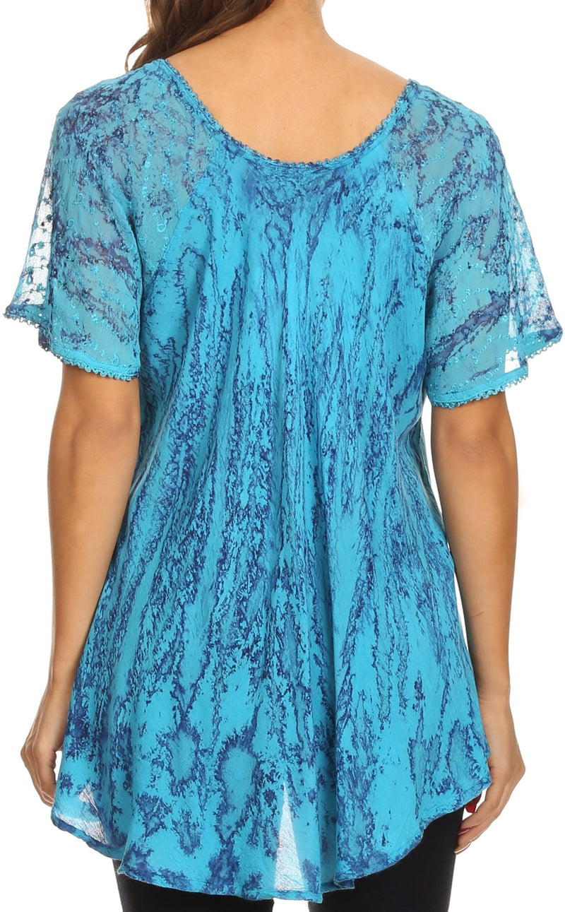 Sakkas Zoya Marbled Embroidery  Cap Sleeves Blouse / Top