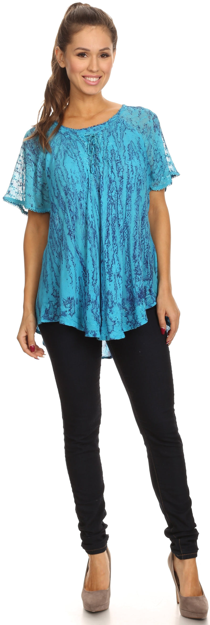 Sakkas Zoya Marbled Embroidery  Cap Sleeves Blouse / Top