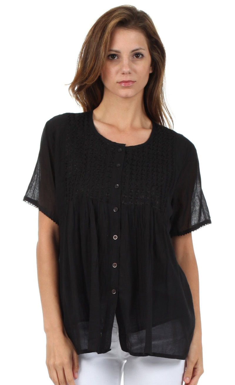 Sakkas Button Down Embroidered Short Sleeve Semi-Sheer Gauzy Cotton Top / Blouse