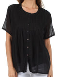 Sakkas Button Down Embroidered Short Sleeve Semi-Sheer Gauzy Cotton Top / Blouse#color_Black