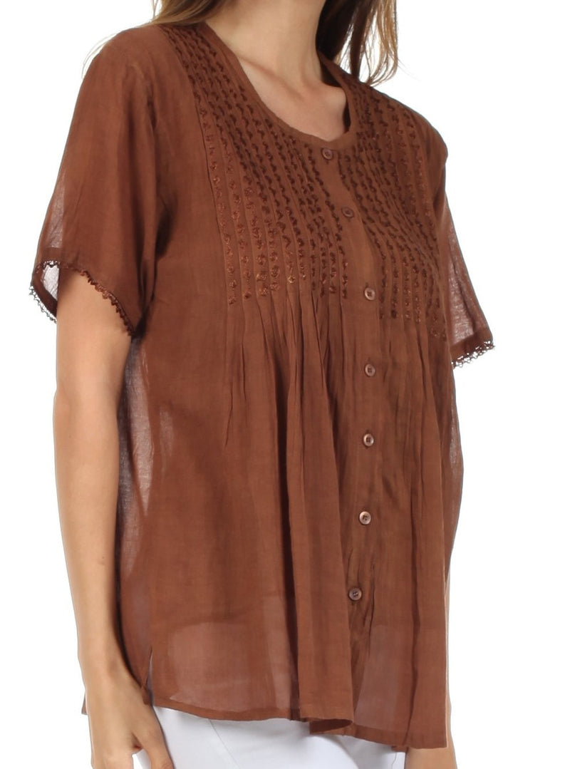 Sakkas Button Down Embroidered Short Sleeve Semi-Sheer Gauzy Cotton Top / Blouse