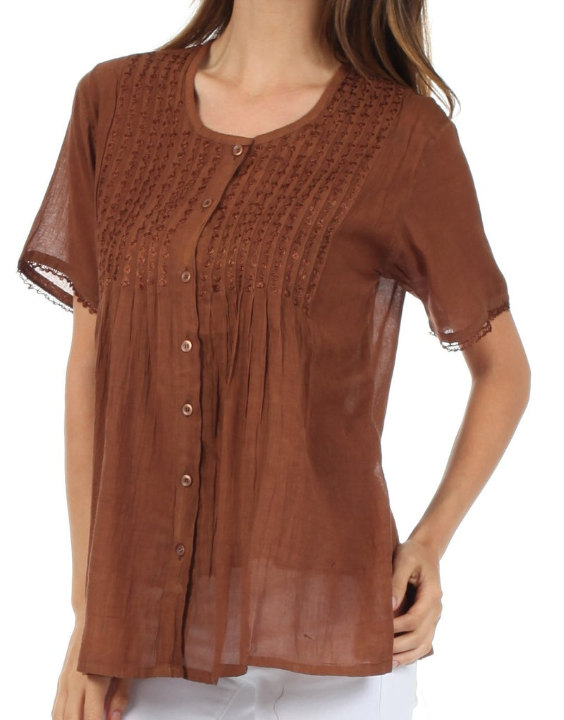 Sakkas Button Down Embroidered Short Sleeve Semi-Sheer Gauzy Cotton Top / Blouse