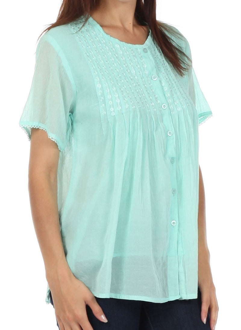 Sakkas Button Down Embroidered Short Sleeve Semi-Sheer Gauzy Cotton Top / Blouse