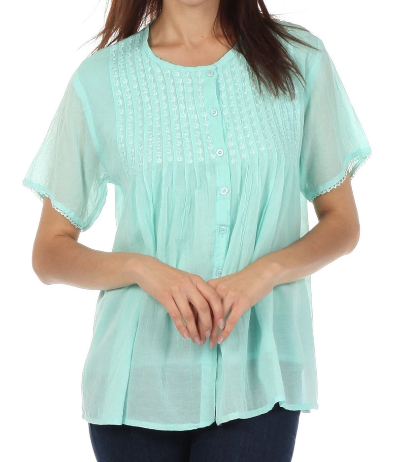 Sakkas Button Down Embroidered Short Sleeve Semi-Sheer Gauzy Cotton Top / Blouse