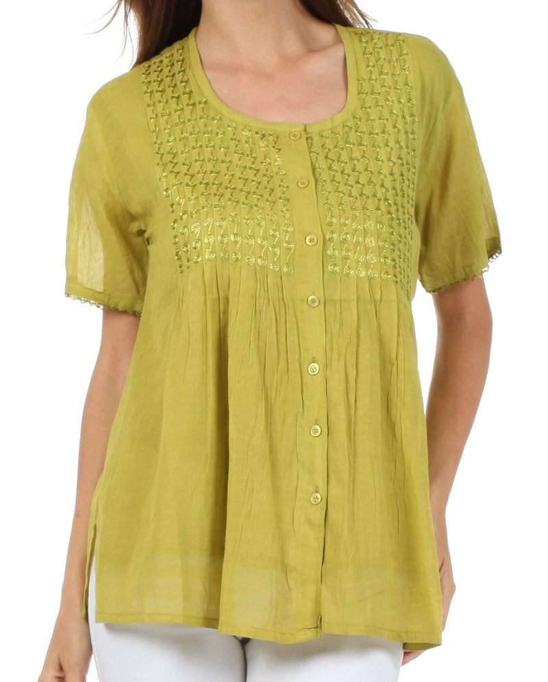 Sakkas Button Down Embroidered Short Sleeve Semi-Sheer Gauzy Cotton Top / Blouse