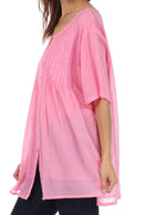 Sakkas Button Down Embroidered Short Sleeve Semi-Sheer Gauzy Cotton Top / Blouse