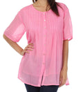 Sakkas Button Down Embroidered Short Sleeve Semi-Sheer Gauzy Cotton Top / Blouse#color_Pink