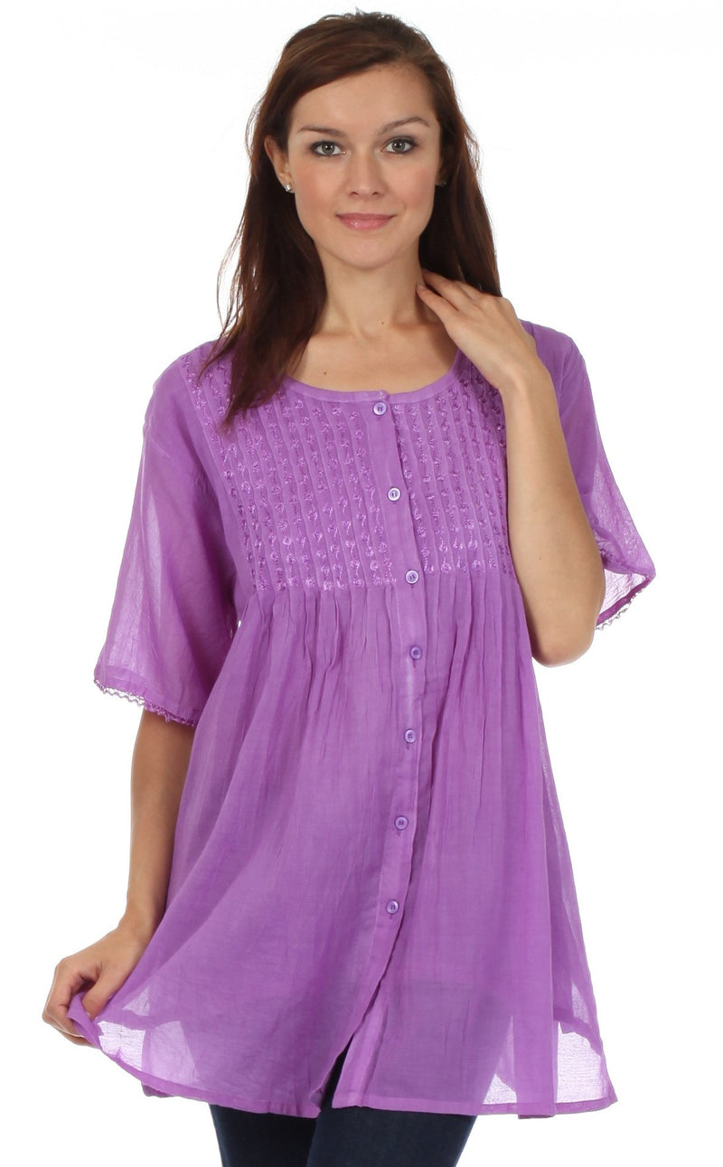 Sakkas Button Down Embroidered Short Sleeve Semi-Sheer Gauzy Cotton Top / Blouse