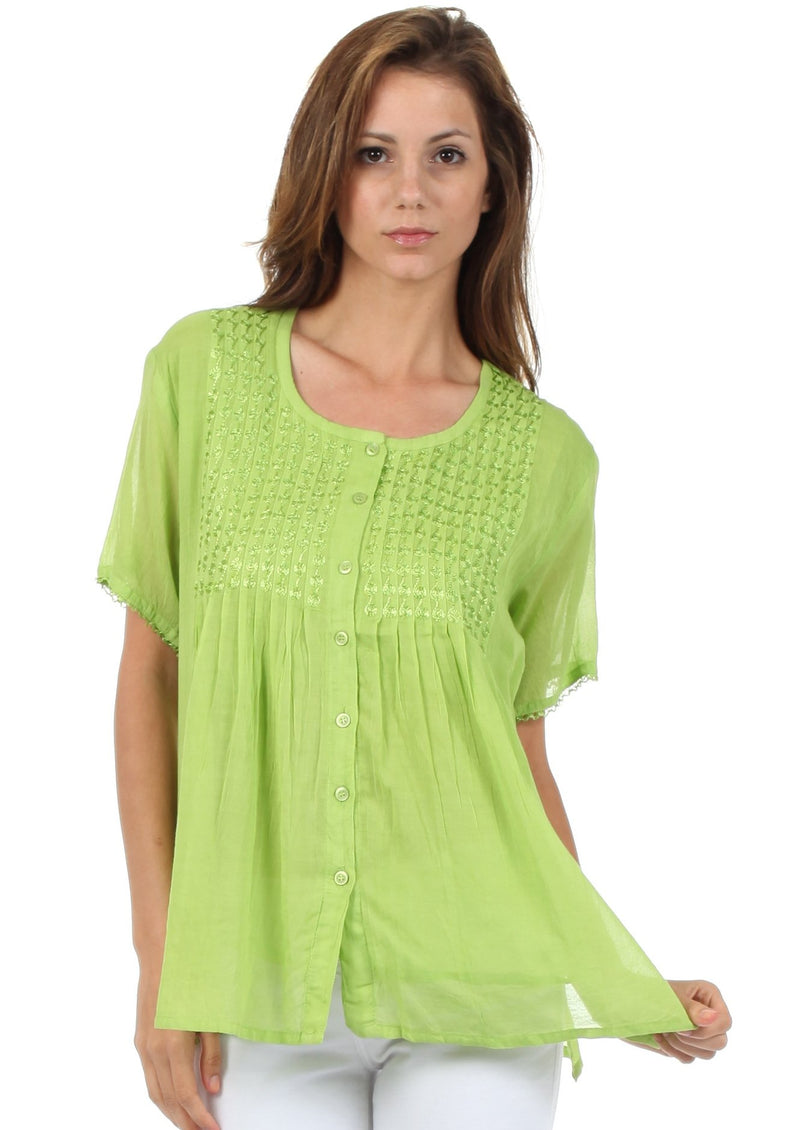 Sakkas Button Down Embroidered Short Sleeve Semi-Sheer Gauzy Cotton Top / Blouse