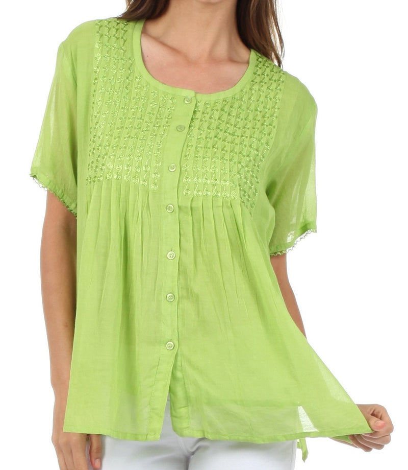 Sakkas Button Down Embroidered Short Sleeve Semi-Sheer Gauzy Cotton Top / Blouse