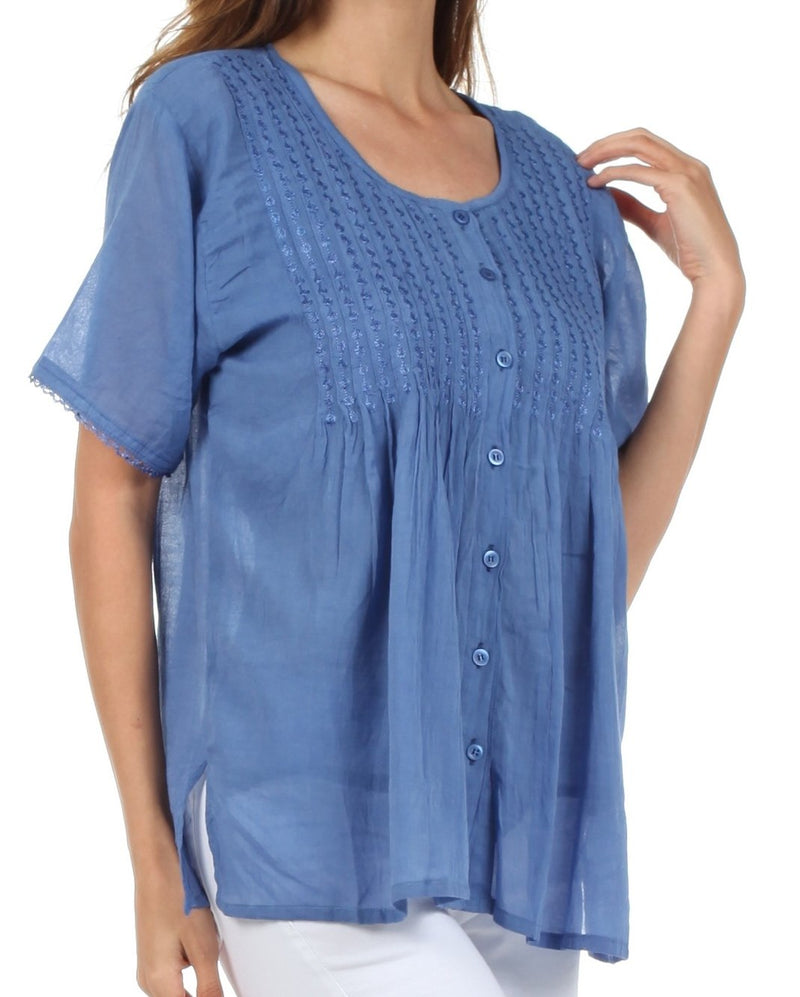 Sakkas Button Down Embroidered Short Sleeve Semi-Sheer Gauzy Cotton Top / Blouse