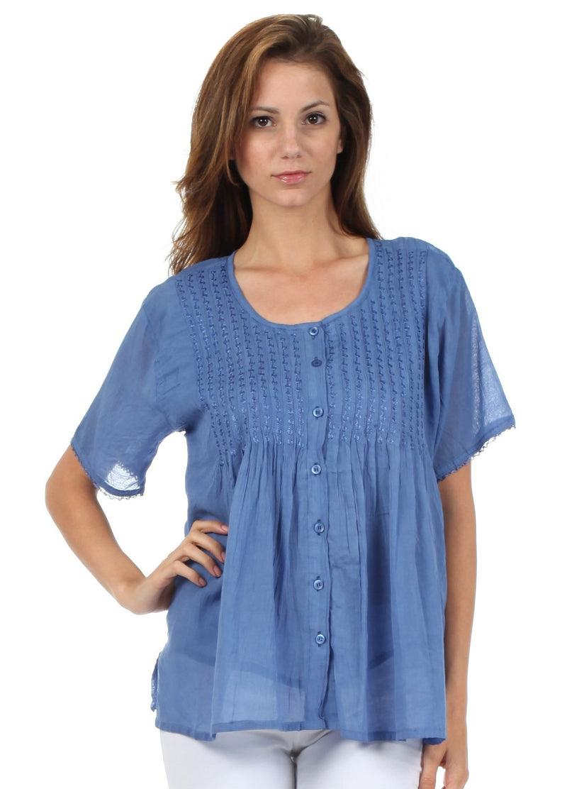 Sakkas Button Down Embroidered Short Sleeve Semi-Sheer Gauzy Cotton Top / Blouse