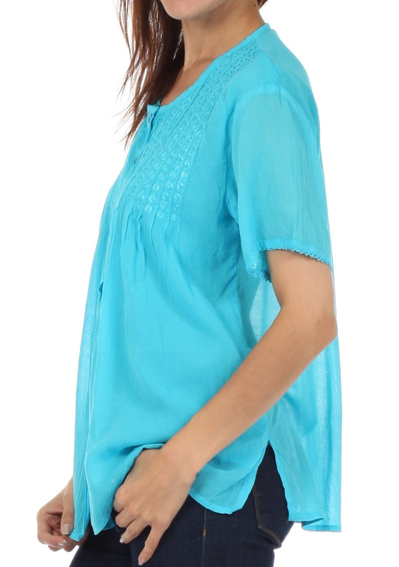 Sakkas Button Down Embroidered Short Sleeve Semi-Sheer Gauzy Cotton Top / Blouse