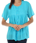 Sakkas Button Down Embroidered Short Sleeve Semi-Sheer Gauzy Cotton Top / Blouse#color_Turquoise