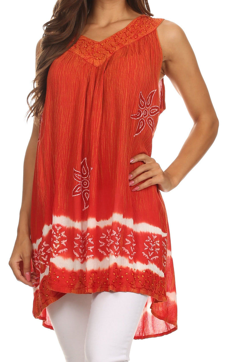 Sakkas Ruth Sequin Embroidered Batik Relaxed Fit Sleeveless V-Neck Top