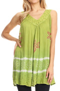 Sakkas Ruth Sequin Embroidered Batik Relaxed Fit Sleeveless V-Neck Top#color_Green