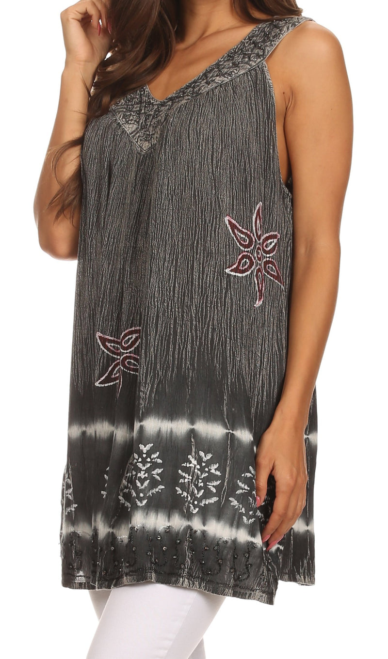 Sakkas Ruth Sequin Embroidered Batik Relaxed Fit Sleeveless V-Neck Top