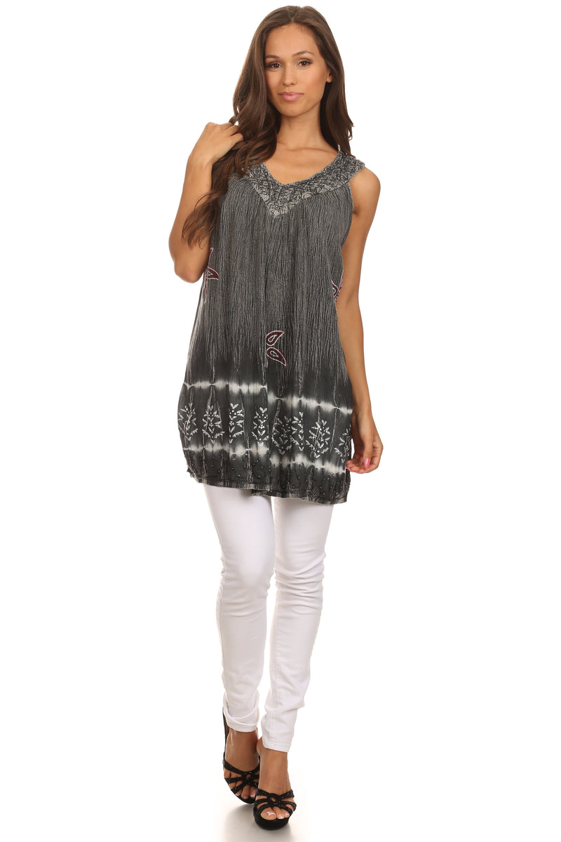 Sakkas Ruth Sequin Embroidered Batik Relaxed Fit Sleeveless V-Neck Top