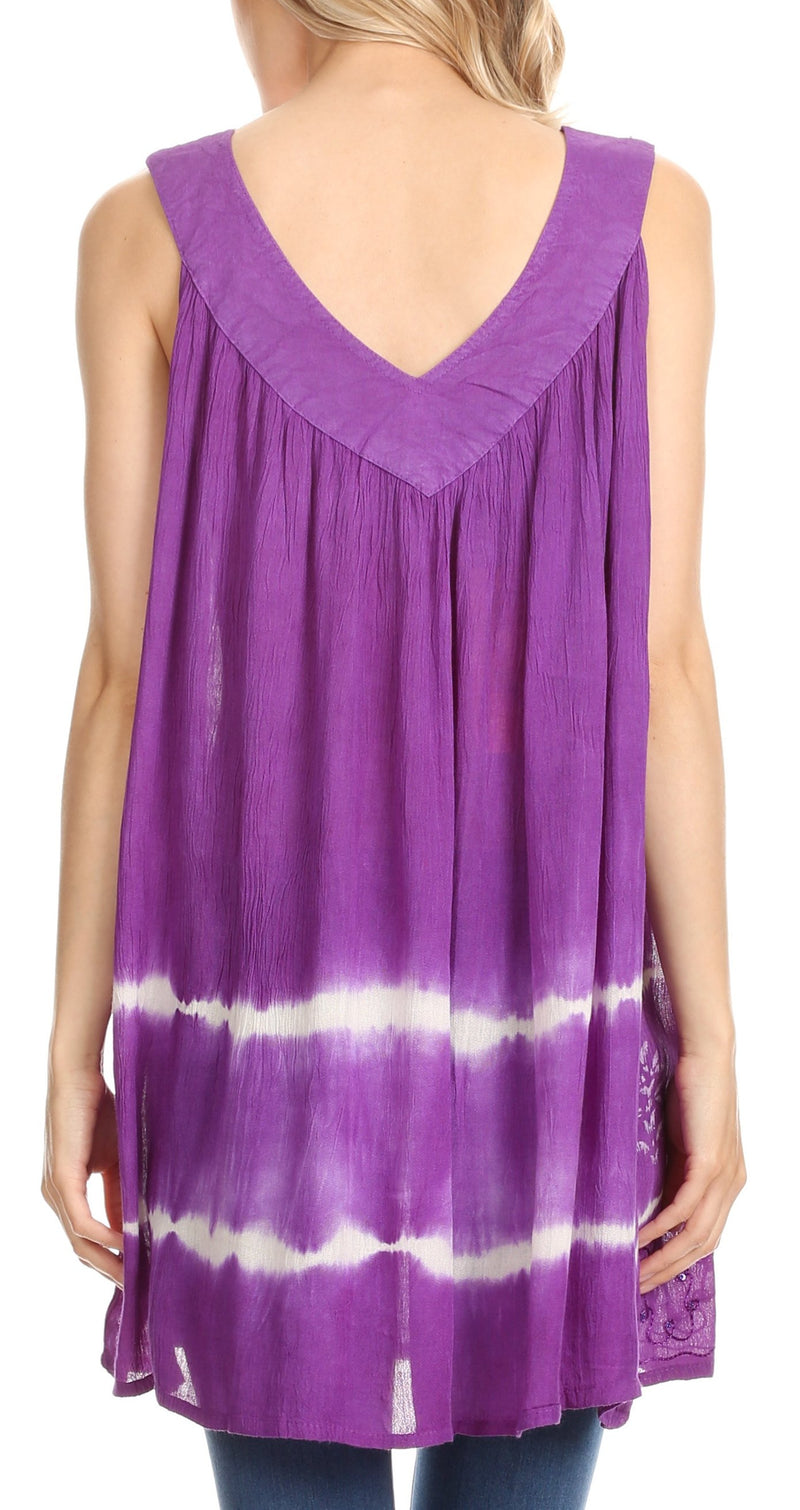 Sakkas Ruth Sequin Embroidered Batik Relaxed Fit Sleeveless V-Neck Top