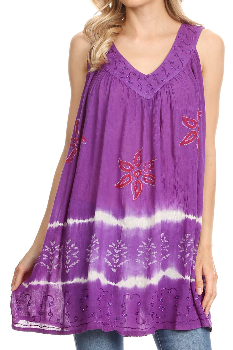 Sakkas Ruth Sequin Embroidered Batik Relaxed Fit Sleeveless V-Neck Top